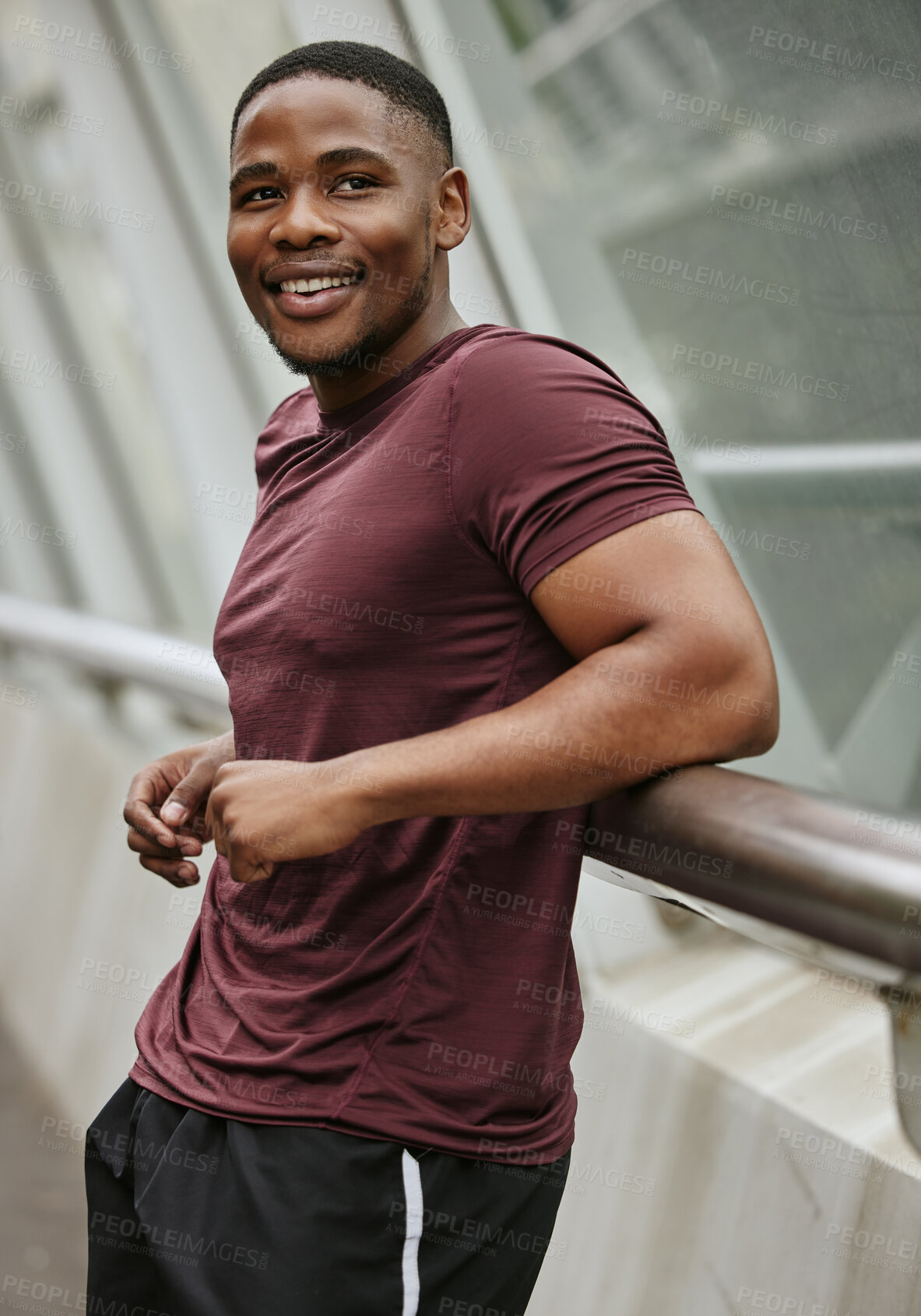 Buy stock photo Face, fitness and black man in city or street preparing for training, workout or exercise. Sports, runner and male from Nigeria outdoors in town thinking about jog, exercising or cardio for wellness.