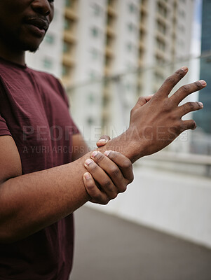 Buy stock photo Black man, wrist pain and medical accident outdoor for fitness wellness or exercise workout. Hand emergency, carpal tunnel and African man with arm injury or arthritis for sports training in city 