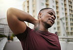 Black man, fitness or neck pain in city workout, training or exercise is muscle burnout, tension stress or body crisis. Runner, sports athlete or personal trainer with injury or running marathon risk