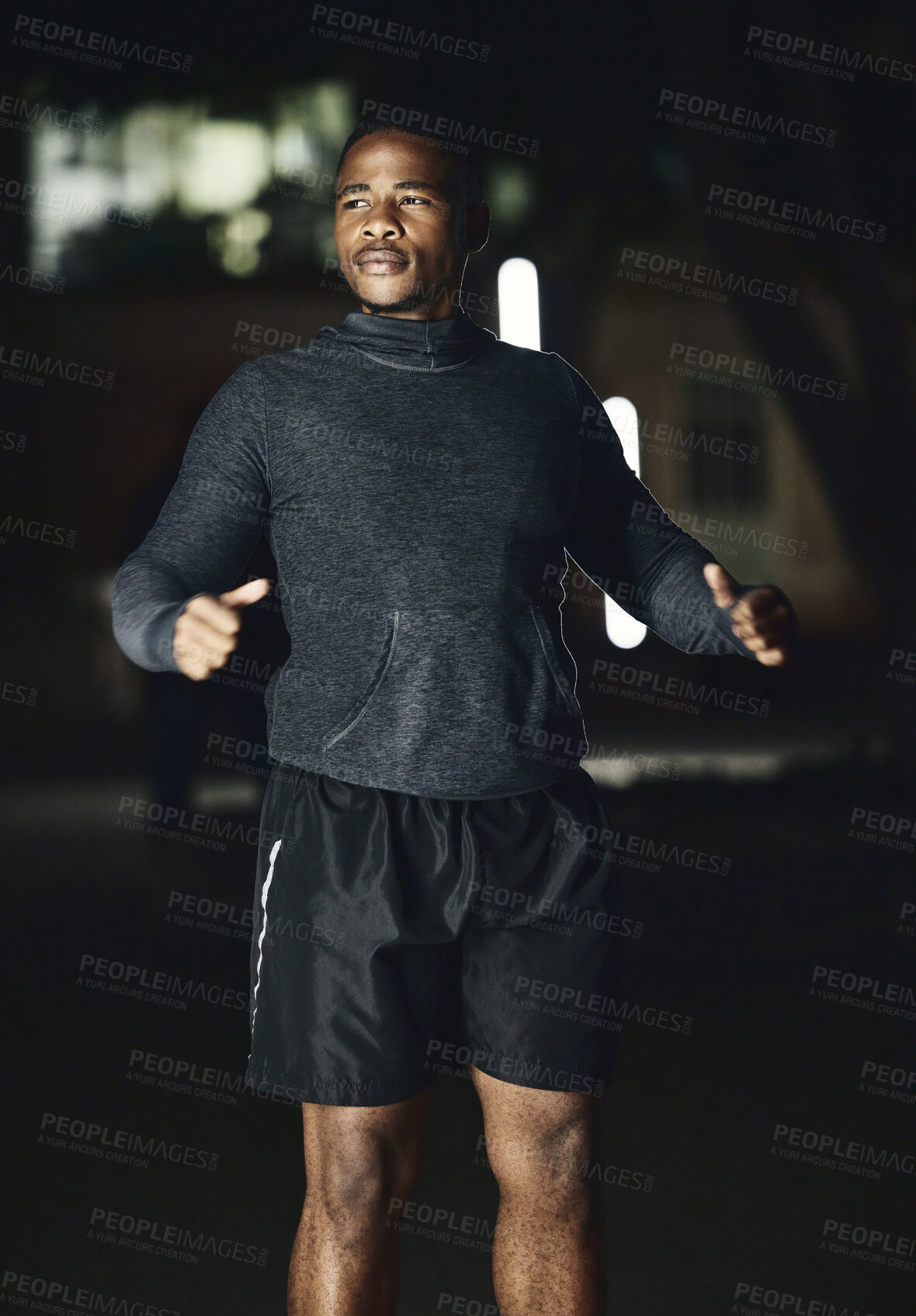 Buy stock photo Fitness, night or black man ready for running exercise, cardio training or late workout in a dark city in Nigeria. Start, mindset or healthy athlete runner thinking of sports goals, mission or vision