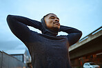 Black man, rest after running and exercise for morning, training and fitness. African American male, athlete or runner on break, workout and relax for practice, outdoor exercise or wellness for power