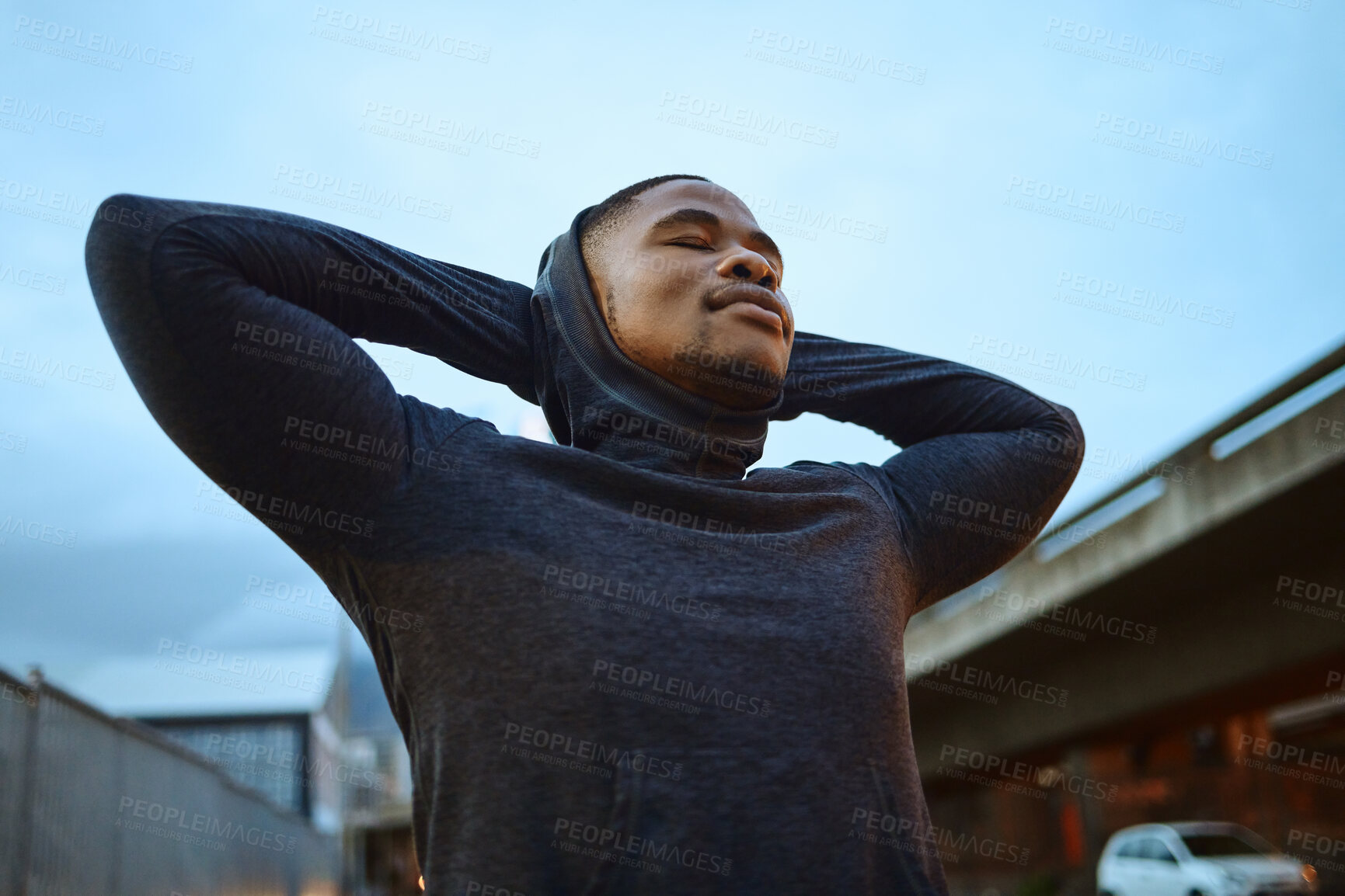 Buy stock photo Black man, rest after running and exercise for morning, training and fitness. African American male, athlete or runner on break, workout and relax for practice, outdoor exercise or wellness for power