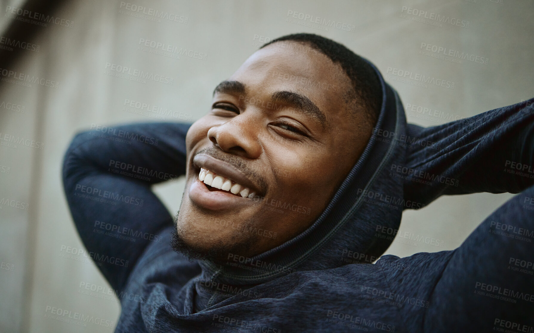 Buy stock photo Portrait, black man and outdoor for exercise, smile and workout for fitness, wellness and health. African American male, athlete and runner on break, relax and happy on weekend, calm or peace in city