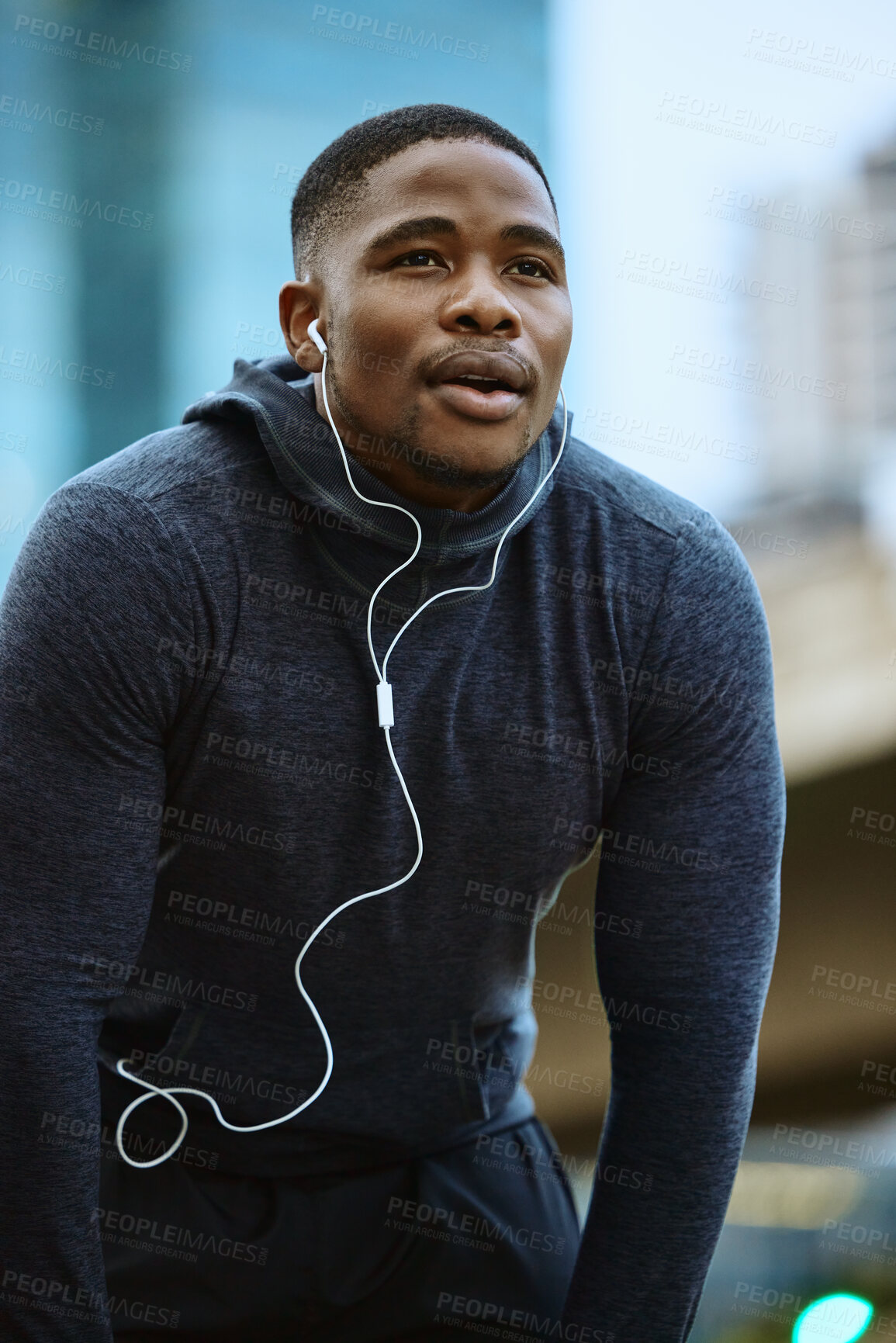 Buy stock photo Breathe, black man and fitness break for city workout, wellness exercise and running outdoors. Runner, breathing and relax after cardio marathon with music earphones for motivation, mindset and goals