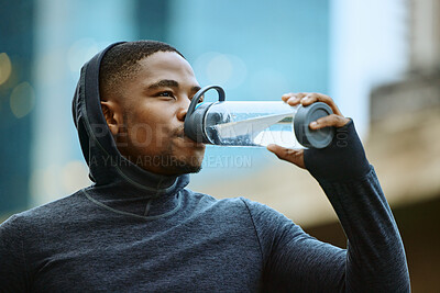 Buy stock photo Fitness, drinking water or black man face for exercise, cardio training or running goal. Tired runner, sports or athlete man with water bottle for wellness marathon, city race workout or  thirst