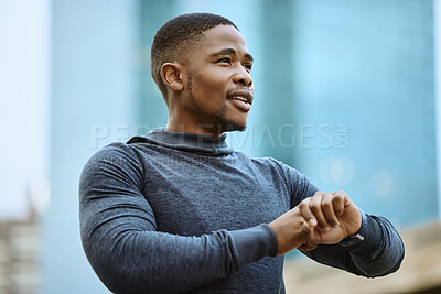 Buy stock photo Running, fitness and watch with a sports black man checking his time while outdoor for a cardio run. City, thinking and goal with a male runner or athlete in a town for exercise or a workout
