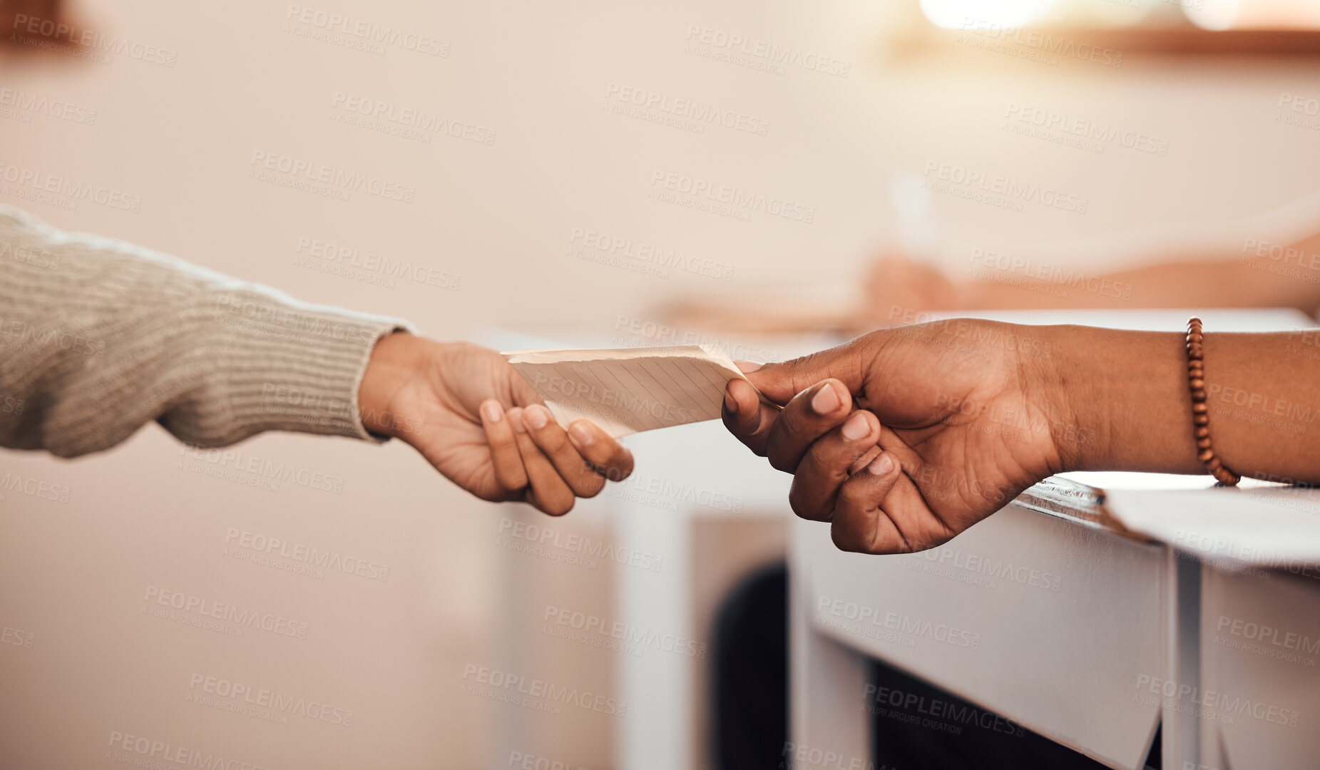 Buy stock photo Hands, students pass note in classroom, communication and secret at school with message on paper. Education, learning and people in class for lesson, scholarship and academic with letter writing.