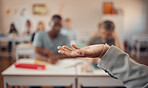 Hand, education and mockup with a teacher and students in a classroom for a lesson on growth or development. University, learning and higher education with an educator explaining a theory in a class