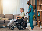 Black man, senior or wheelchair help in nursing home or retirement house in surgery rehabilitation, physiotherapy or healthcare trust. Nurse, medical worker or caregiver or disability elderly patient