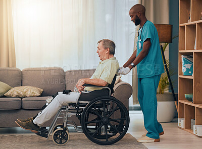 Buy stock photo Black man, senior or wheelchair help in nursing home or retirement house in surgery rehabilitation, physiotherapy or healthcare trust. Nurse, medical worker or caregiver or disability elderly patient
