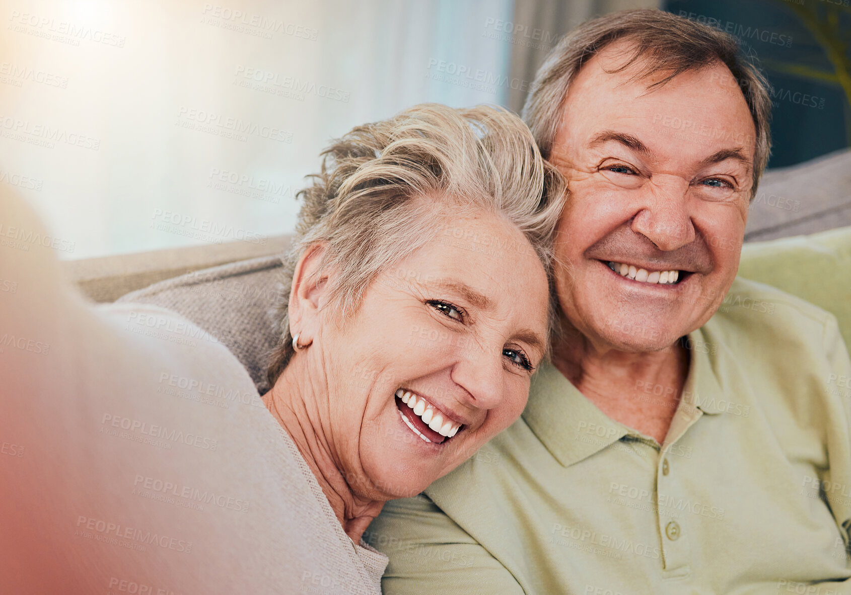 Buy stock photo Happy, love and selfie with old couple on sofa for relax, support or bonding with quality time. Retirement, marriage and smile with portrait of man and woman in living room at home for care affection
