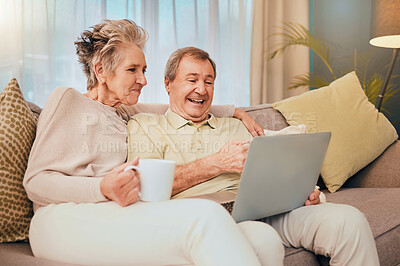 Buy stock photo Sofa, laptop and senior couple in living room on comedy show, streaming social media video or meme for retirement lifestyle. Happy old woman drink coffee with her partner on couch and home technology
