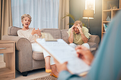 Buy stock photo Retirement couple and divorce psychologist consulting angry, frustrated and unhappy people in marriage. Conflict, counselling and married senior woman explaining problem to mental health therapist.

