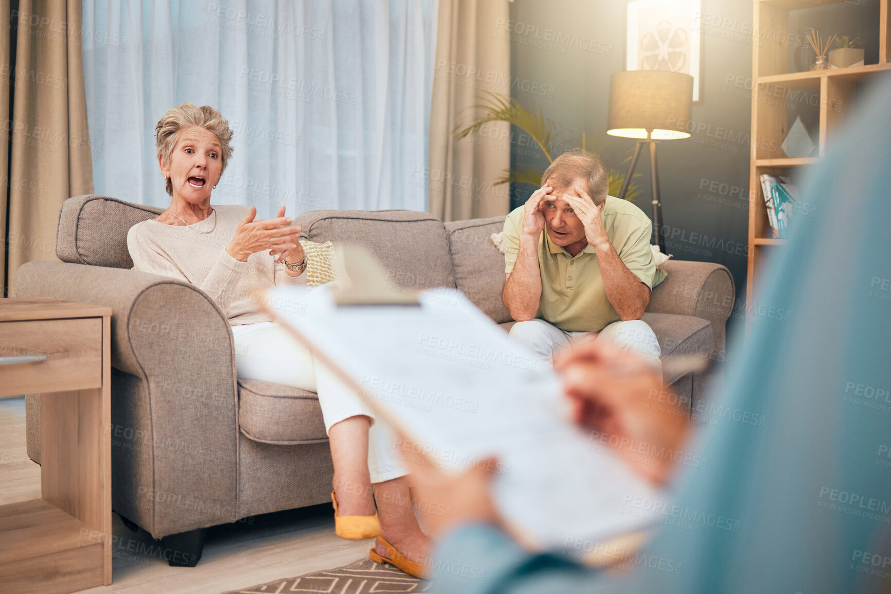 Buy stock photo Retirement couple and divorce psychologist consulting angry, frustrated and unhappy people in marriage. Conflict, counselling and married senior woman explaining problem to mental health therapist.

