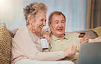 Elderly, couple with credit card for online shopping and e commerce with laptop, internet and banking. Retirement, money and payment, senior man and woman happy at family home, savings and payment.