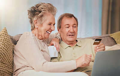 Buy stock photo Elderly, couple with credit card for online shopping and e commerce with laptop, internet and banking. Retirement, money and payment, senior man and woman happy at family home, savings and payment.