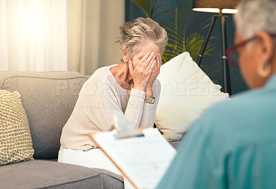 Buy stock photo Crying, sad or old woman in counseling with a psychologist  for depression, burnout or mental health problems. Checklist, consulting or depressed senior lady frustrated with anxiety stress in therapy