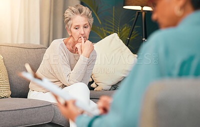Old woman, psychology and therapy for mental health, stress or anxiety. Depression, crisis and senior patient at psychologist, therapist and counseling of support, help and medical consulting service