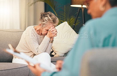 Buy stock photo Psychologist, stress or old woman with depression in counseling or therapy crying for support or help. Psychology, anxiety or therapist writing a report for a sad, stressed or frustrated elderly lady