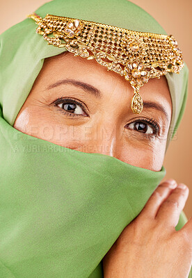 Eyes, hijab and Muslim, woman with Islamic fashion and face zoom with veil and jewelry, beauty and microblading portrait. Cosmetic lens, religion freedom and wellness with fashion model and vision.