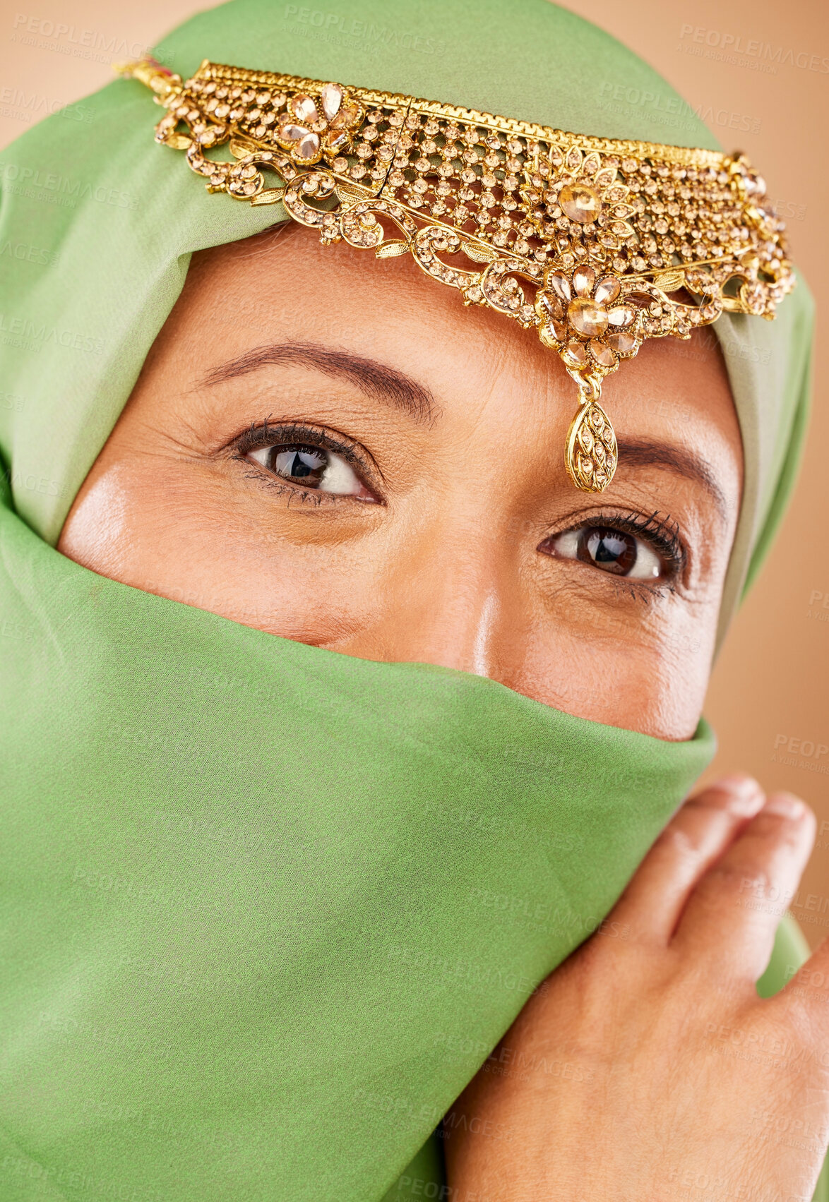 Buy stock photo Eyes, hijab and Muslim, woman with Islamic fashion and face zoom with veil and jewelry, beauty and microblading portrait. Cosmetic lens, religion freedom and wellness with fashion model and vision.