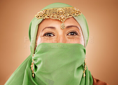 Buy stock photo Portrait of woman with hijab, jewelry and bridal gold head piece for luxury wedding celebration in Iran. Beauty, religion and bride with Arab fashion, makeup and golden jewellery for muslim marriage