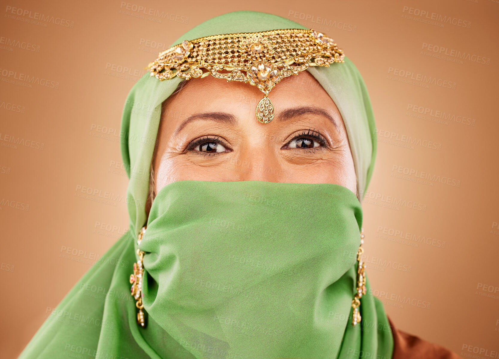 Buy stock photo Portrait of woman with hijab, jewelry and bridal gold head piece for luxury wedding celebration in Iran. Beauty, religion and bride with Arab fashion, makeup and golden jewellery for muslim marriage