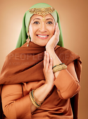 Buy stock photo Beauty, fashion and jewellery with portrait of Muslim woman for Arabic, luxury and oriental designer. Gold, Islamic and culture with senior model for Eid Mubarak celebration, tradition and religion