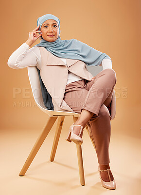 Buy stock photo Senior woman, portrait and Muslim with fashion, business clothes and professional style against studio background. Portrait, hijab and Islamic office wear for work, traditional and Islam aesthetic. 