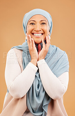 Buy stock photo Portrait, muslim and senior woman in hijab in studio for skincare, wellness and beauty treatment on brown background. Face, facial and islamic model happy, smile and excited for mature skin cosmetic