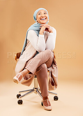 Buy stock photo Happy, success and Muslim business woman with corporate joy, professional and Islamic fashion for work. Worker, career and happiness with senior employee in hijab, positive against studio background