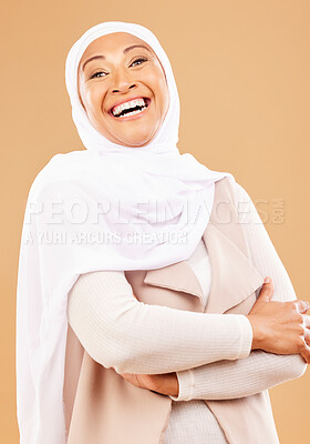 Buy stock photo Laughing muslim woman, arms crossed or fashion hijab on studio background is religion empowerment, traditional pride or Iranian rights success. Portrait, smile or mature Islamic model in trendy scarf