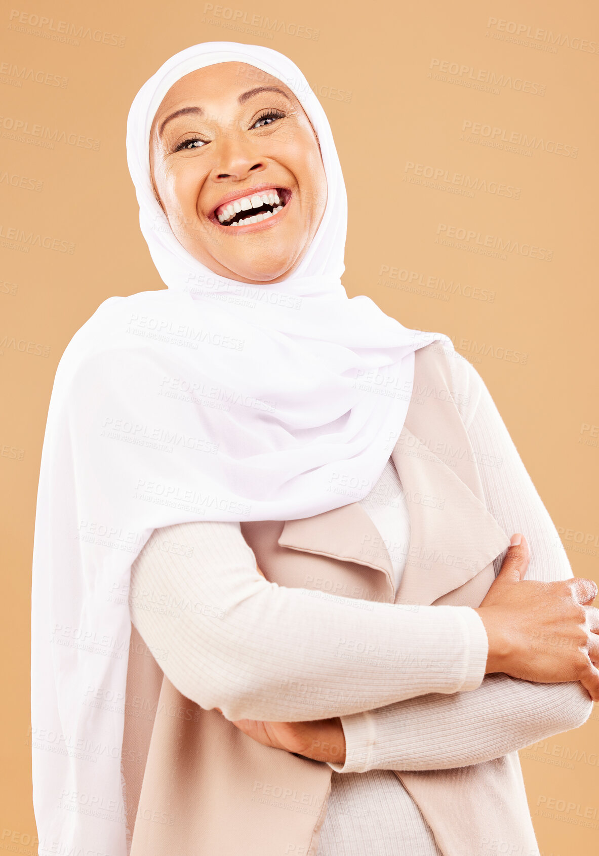 Buy stock photo Laughing muslim woman, arms crossed or fashion hijab on studio background is religion empowerment, traditional pride or Iranian rights success. Portrait, smile or mature Islamic model in trendy scarf