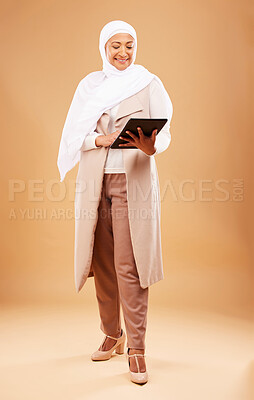 Buy stock photo Happy muslim woman, tablet and technology on studio background for website, social network and internet app on studio background. Mature lady in islamic hijab search digital connection in Malaysia 