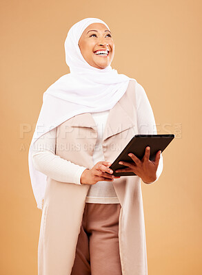 Buy stock photo Muslim, fashion and tablet of woman in studio for design marketing, advertising and social media in startup business, career or employee culture. Digital technology, islamic worker and idea thinking