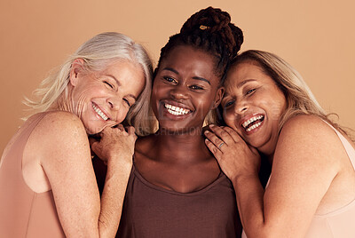Buy stock photo Beauty, diversity and portrait of women with self love, happy and positive mindset in studio. Support, feminism and group of friends with woman empowerment, pride and community by brown background.