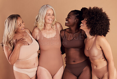 Buy stock photo Body, different and diversity with underwear, women with fitness and beauty, equality and inclusivity with body positive and empowerment. Happy, age and wellness with motivation, health and skin.