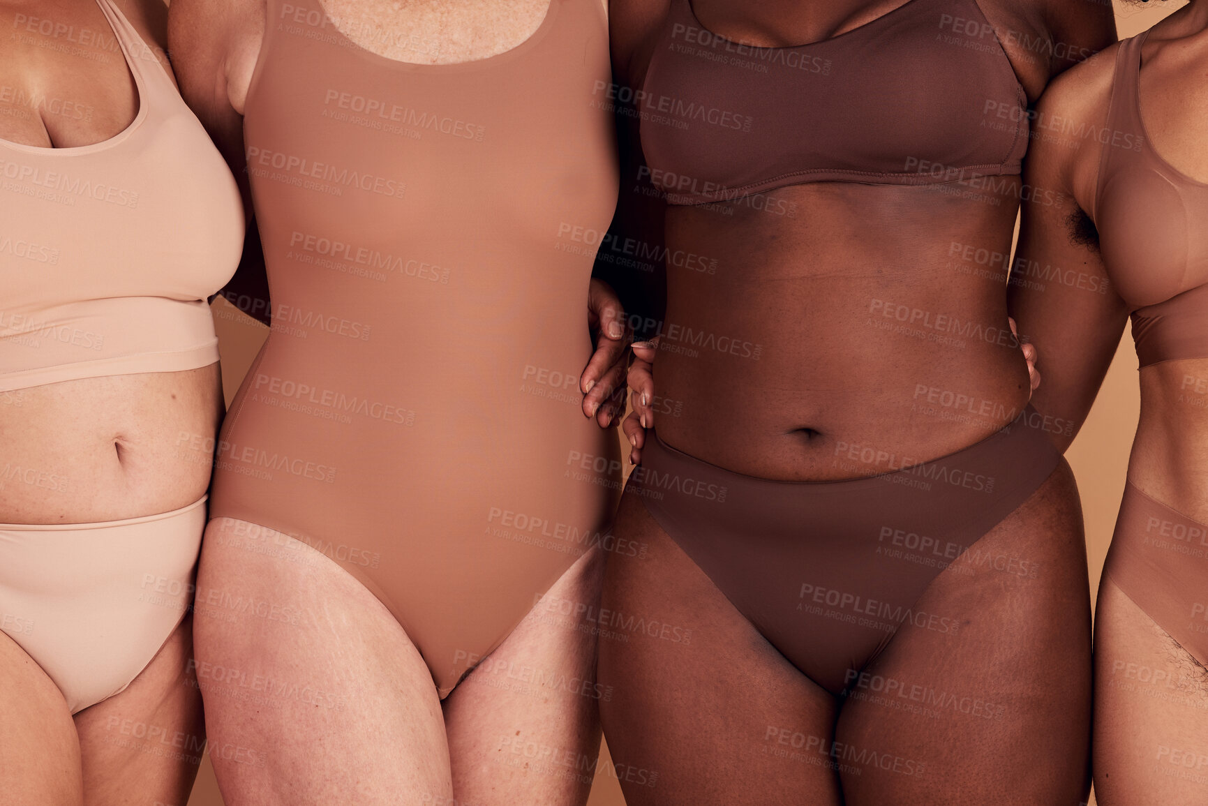 Buy stock photo Diversity, women and skincare for body positivity, inclusivity and on brown studio background. Health females, freedom and multiracial ladies with confidence, wellness and healthy with empowerment.