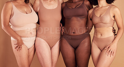 Buy stock photo Diversity, women and real body with natural beauty, skincare and wellness together on studio background. Closeup group of female models in underwear for self love, empowerment and inclusive community