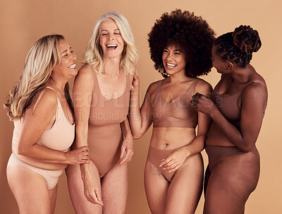 Buy stock photo Beauty, diversity group and body positive women, girl or people happy together in solidarity, support and self love. Woman empowerment, pride and underwear friends confident with their shape size