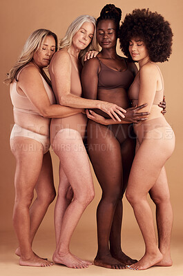 Buy stock photo Beauty, diversity hug and body positive women, girl or friends happy together in solidarity, self love and support. Self care, lingerie and woman empowerment group of people embrace for acceptance