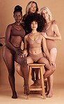 Beauty, diversity and portrait of body positive women, girl friends and senior woman relax together on studio background. Group solidarity, empowerment and confident  lingerie people with self love