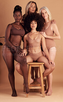 Buy stock photo Beauty, diversity and portrait of body positive women, girl friends and senior woman relax together on studio background. Group solidarity, empowerment and confident  lingerie people with self love