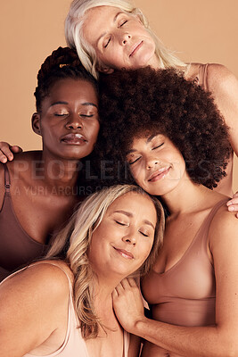 Buy stock photo Women, natural beauty and diversity with eyes closed in studio for self love, wellness or healthy skincare, community or support. Different female group of models in underwear for body positive pride