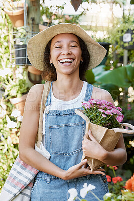 Flowers, happy and woman at a plant nursery shopping for floral products for her garden in nature. Happiness, smile and young female florist from Mexico buying a flower bouquet at sustainable market.