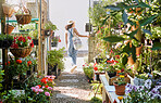Woman, walking or shopping in small business florist or green leaf plants, flowers or sustainability growth. Garden center, nursery or greenhouse customer in spring store or Canada retail marketplace