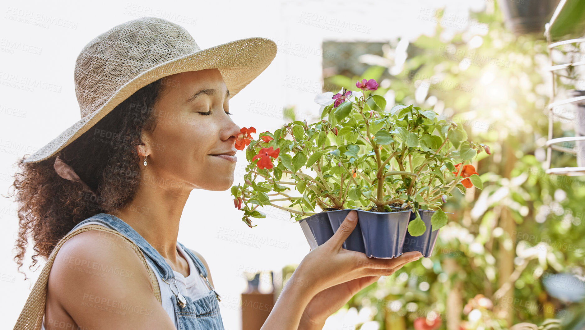 Buy stock photo Shopping flowers, plants and customer at small business or startup for eco friendly store, commerce and retail. Young woman with floral gardening product for spring sale, promotion and offer outdoor