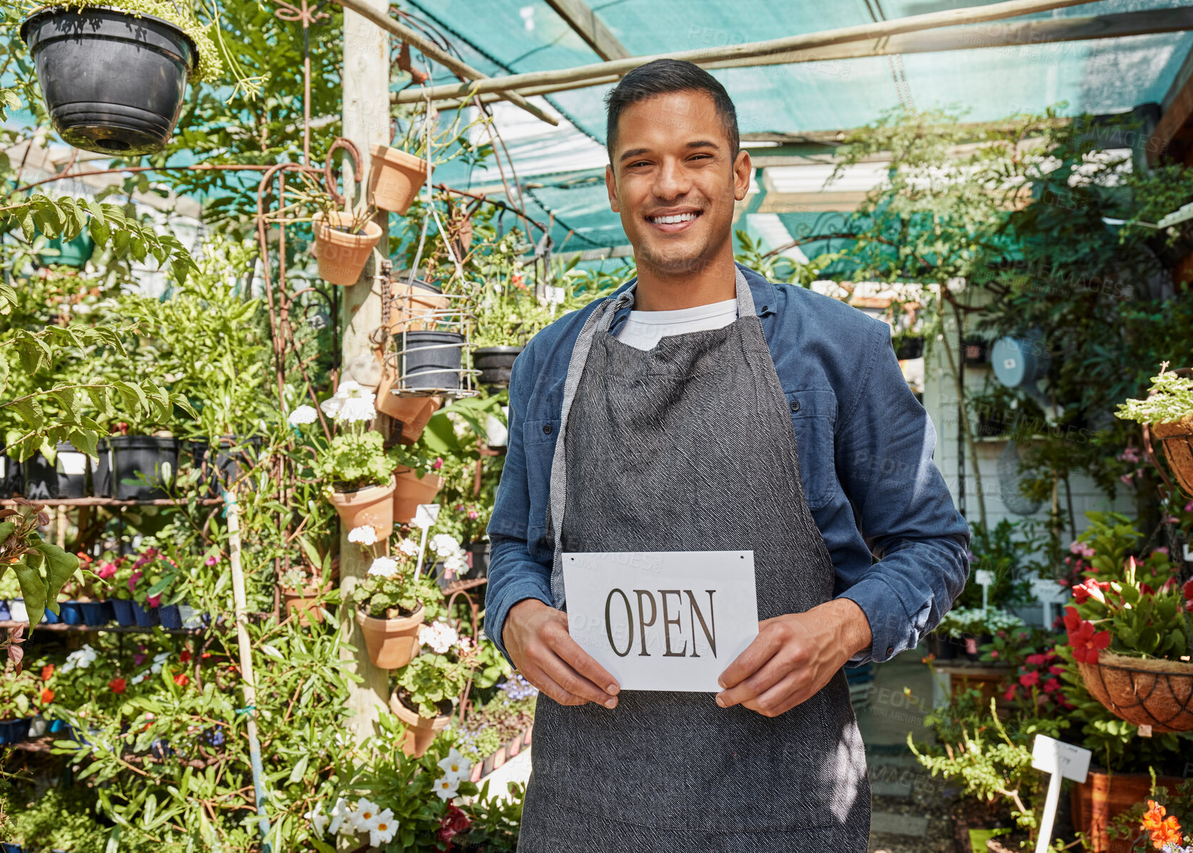 Buy stock photo Farmer portrait, plant supermarket and open sign ready for business, agriculture store and small business manager smile. Asian man, retail happiness and nature farm, ecology farming or gardening