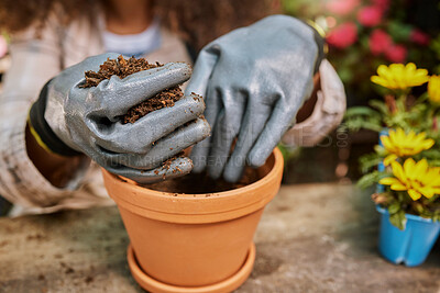 Buy stock photo Garden, hands or woman with plant soil for gardening, agriculture growth or small business owner for nature or flowers. Eco friendly, environment or worker for spring, dirt compost or sustainability 