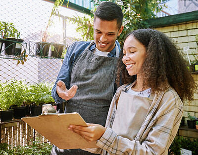 Buy stock photo Clipboard, documents and gardening with a black couple working in a plant nursery as a florist team. Spring, nature and order with a man and woman at work in flower retail for their startup business